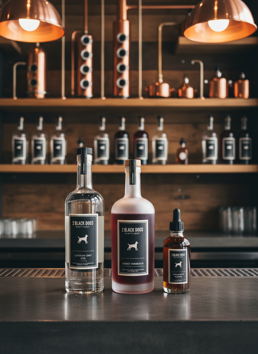 A row of elegant glass bottles of gin, vermouth, and aromatic bitters from 2 Black Dogs Distillery arranged on a dark, matte concrete bar. Each bottle features a minimalist black-and-cream label with a subtle two-dog emblem, and the liquids inside range from crystal clear to deep amber. Behind them, shelves of reclaimed wood hold additional bottles and copper distilling elements, softly blurred. Warm pendant lighting from above creates gleaming highlights on the glass and soft reflections on the bar surface. Photographed at eye level with a shallow depth of field, the composition feels refined, professional, and modern, perfectly evoking a premium Philadelphia micro distillery atmosphere in photographic realism.
