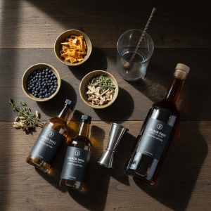 A refined flat-lay composition featuring 2 Black Dogs Distillery’s cocktail bitters and vermouth ingredients arranged on a dark wooden table. Amber glass bitters bottles with minimalist black labels lie beside small ceramic bowls of dried citrus peels, juniper berries, gentian root, and fragrant herbs. A sleek stainless-steel jigger, a narrow mixing glass with a bar spoon, and a vermouth bottle with a deep ruby liquid complete the scene. Soft, diffused daylight from a nearby window washes across the table, creating gentle, directional shadows and subtle highlights on glass and metal. The mood is analytical yet inviting, ideal for a professional recipe or product page. The photographic realism and carefully balanced composition emphasize texture, color contrast, and the handcrafted nature of the distillery’s botanicals.